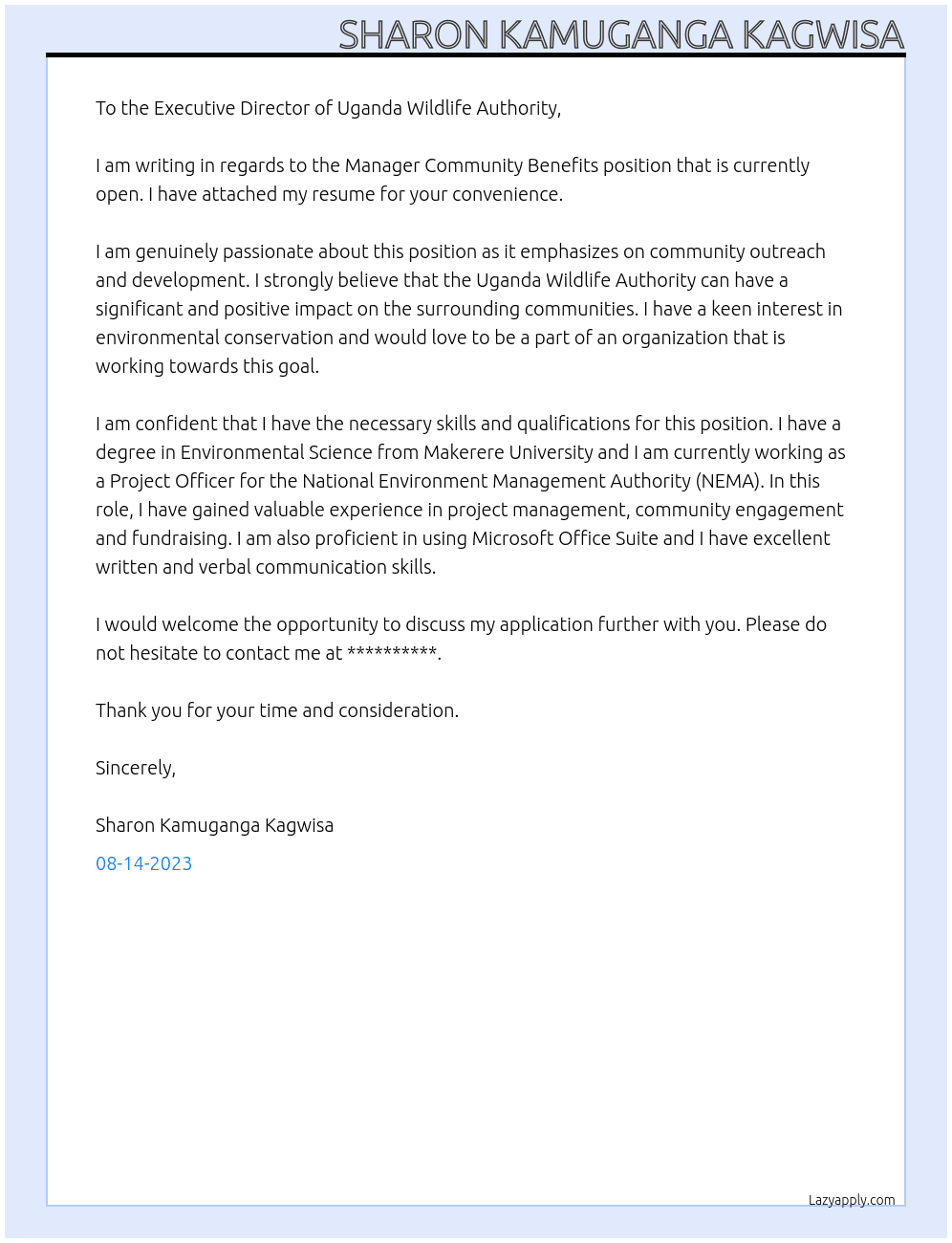 Manager Community Benefits At Uganda Wildlife Authority Cover Letter