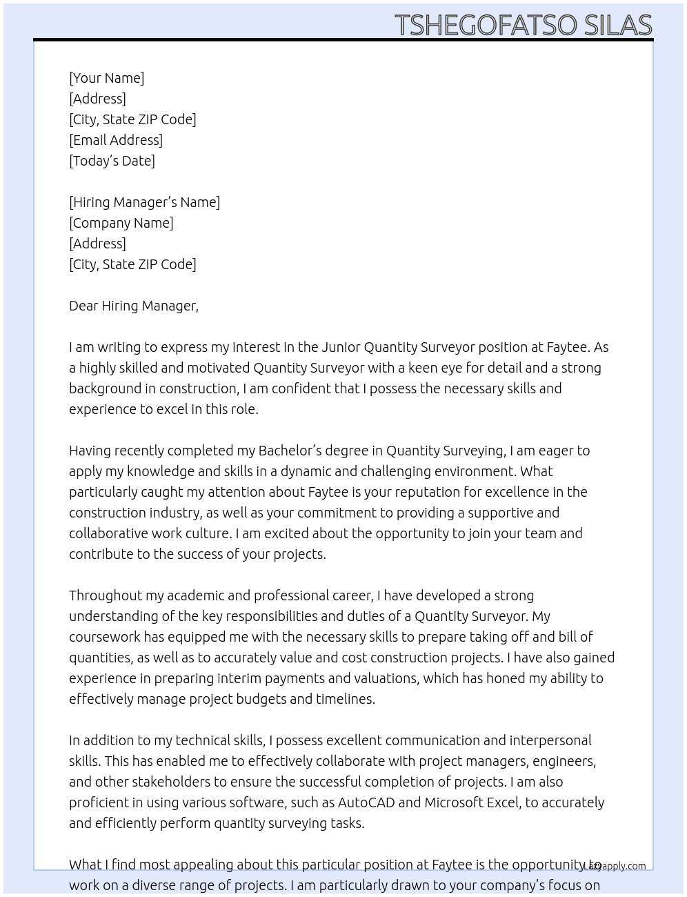 Junior Quantity surveyor At faytee  Cover Letter