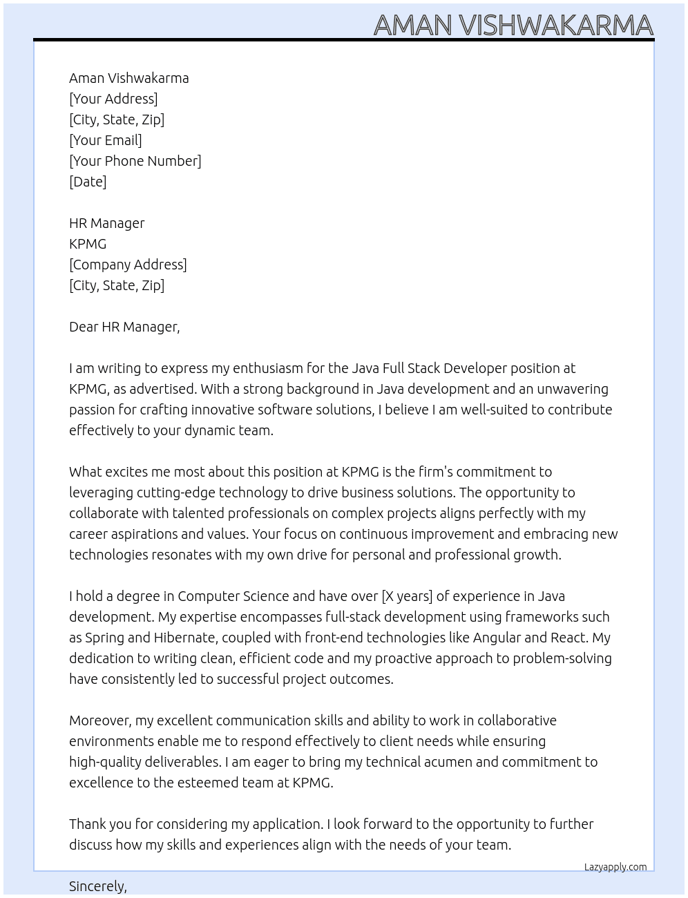 Cover letter for java fs - LazyApply