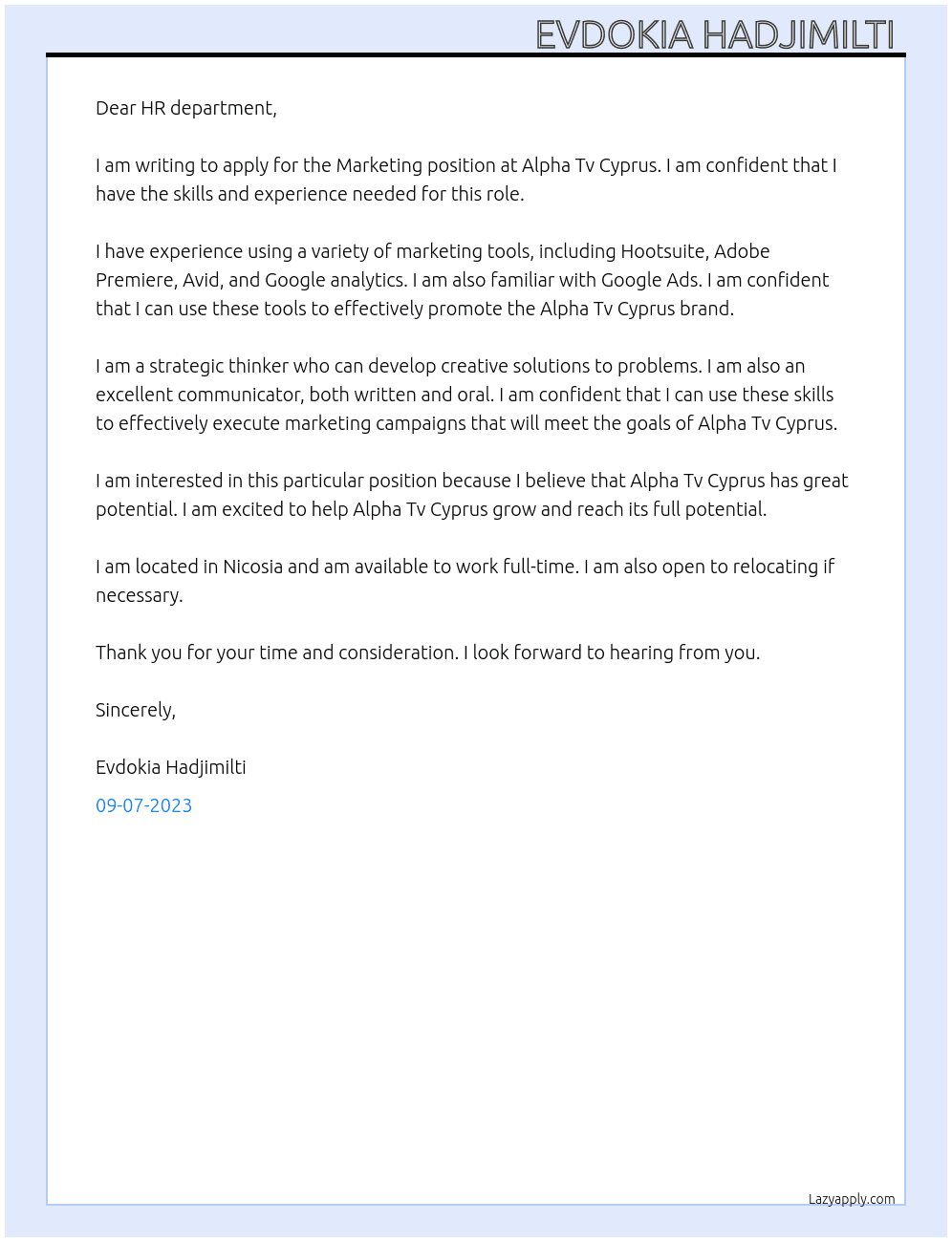 Marketing At Alpha Tv Cyprus Cover Letter
