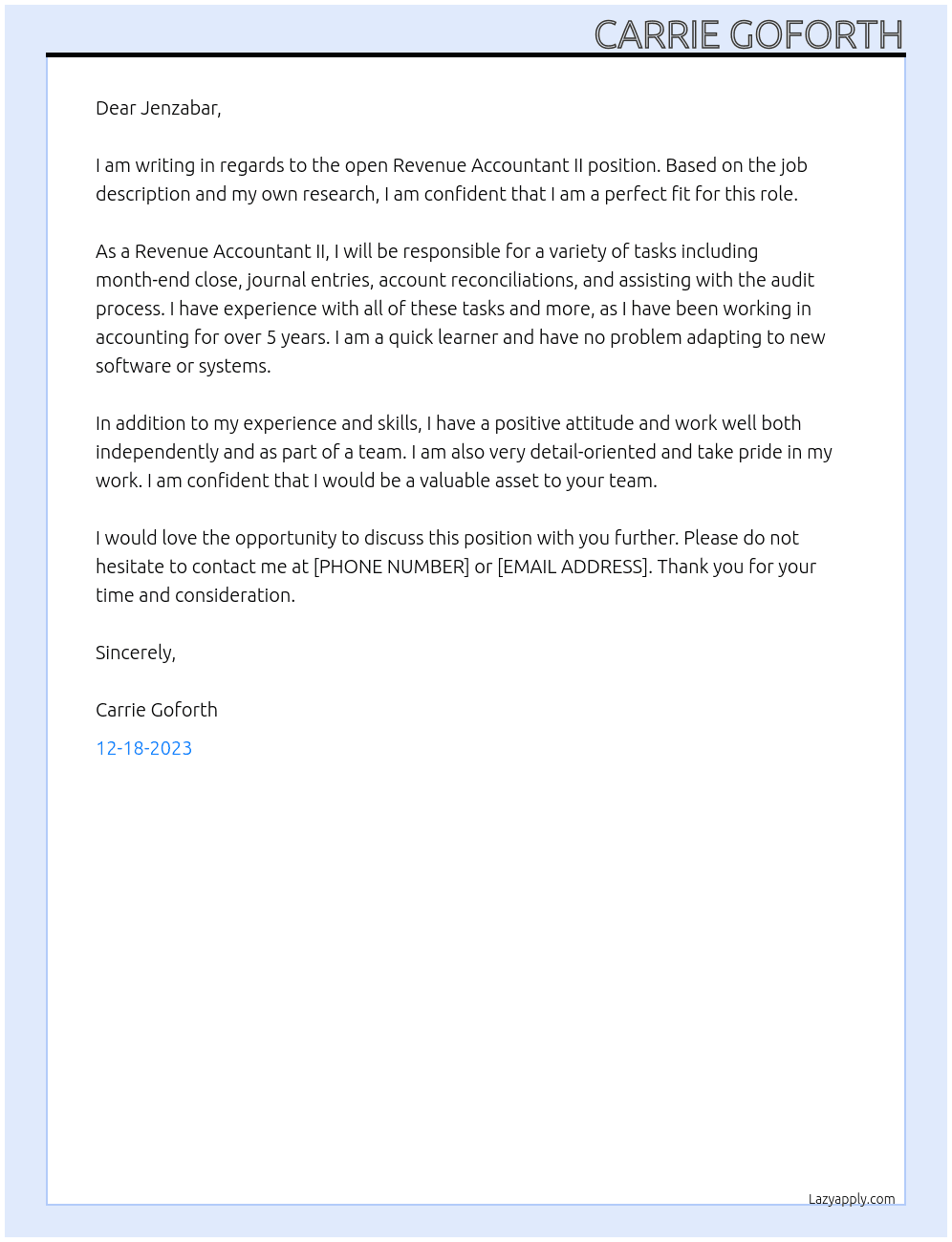 Revenue Accountant II At Jenzabar Cover Letter