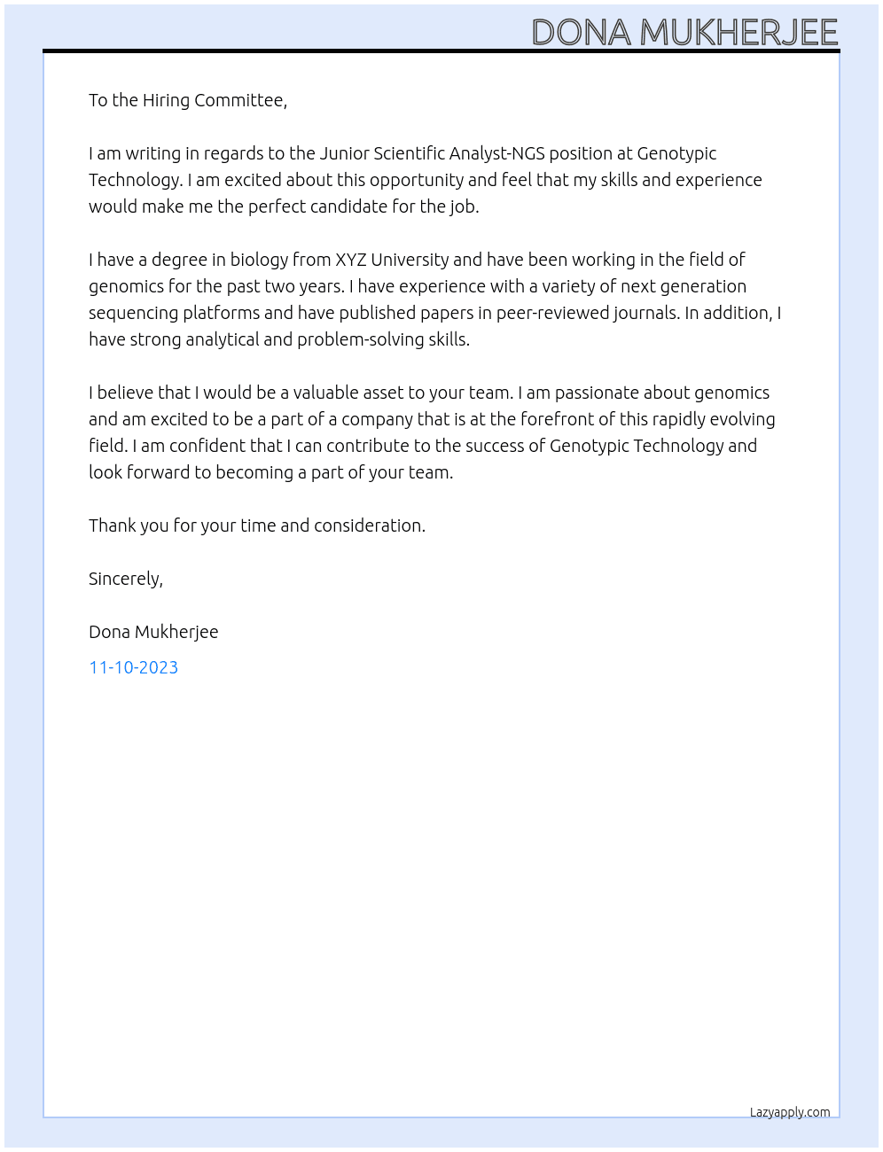 Junior Scientific Analyst-NGS_ At Genotypic Technology Cover Letter