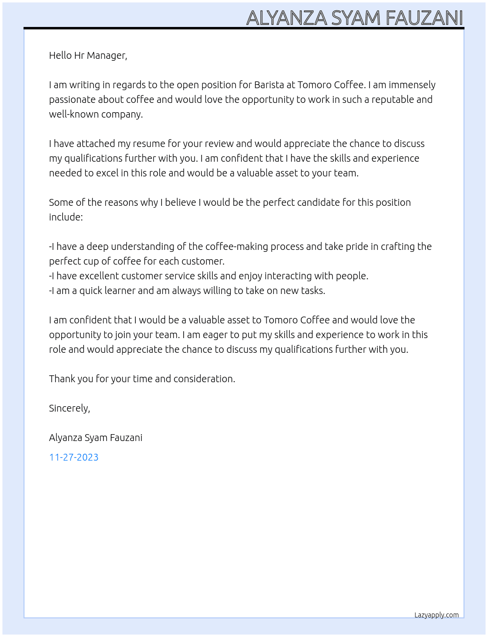 Barista At Tomoro Coffee Cover Letter