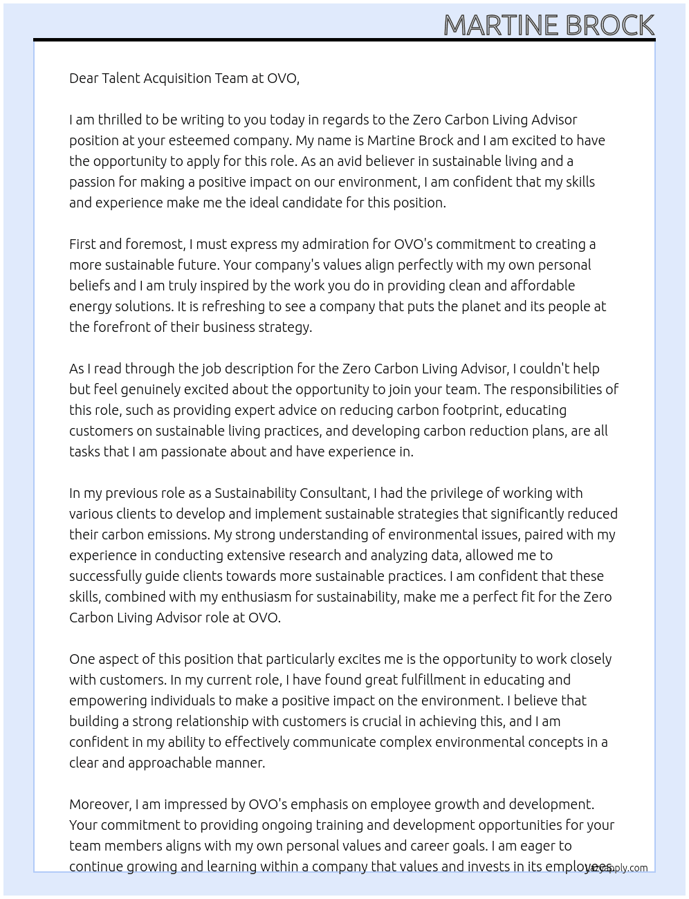 Zero Carbon Living Advisor At OVO Cover Letter