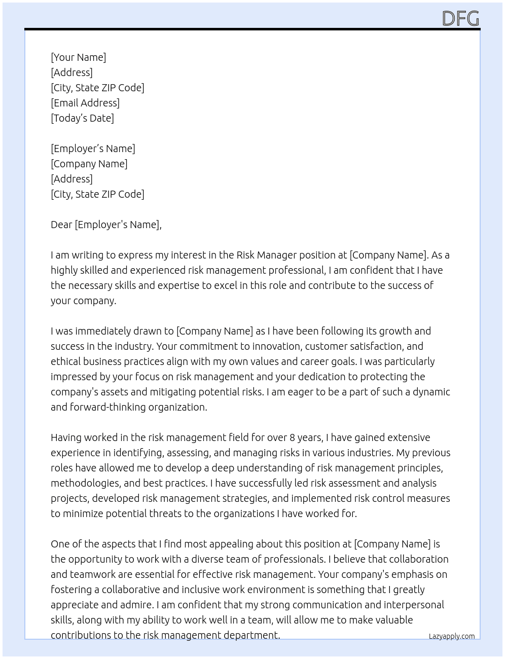 risk manager At dfg Cover Letter
