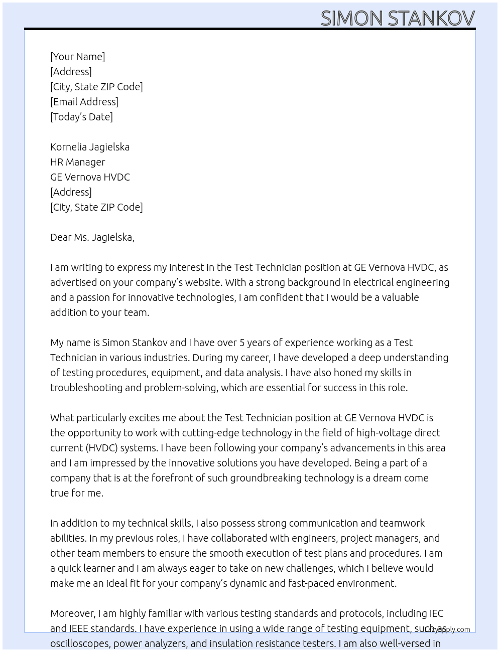 Test technician  At GE Vernova HVDC Cover Letter