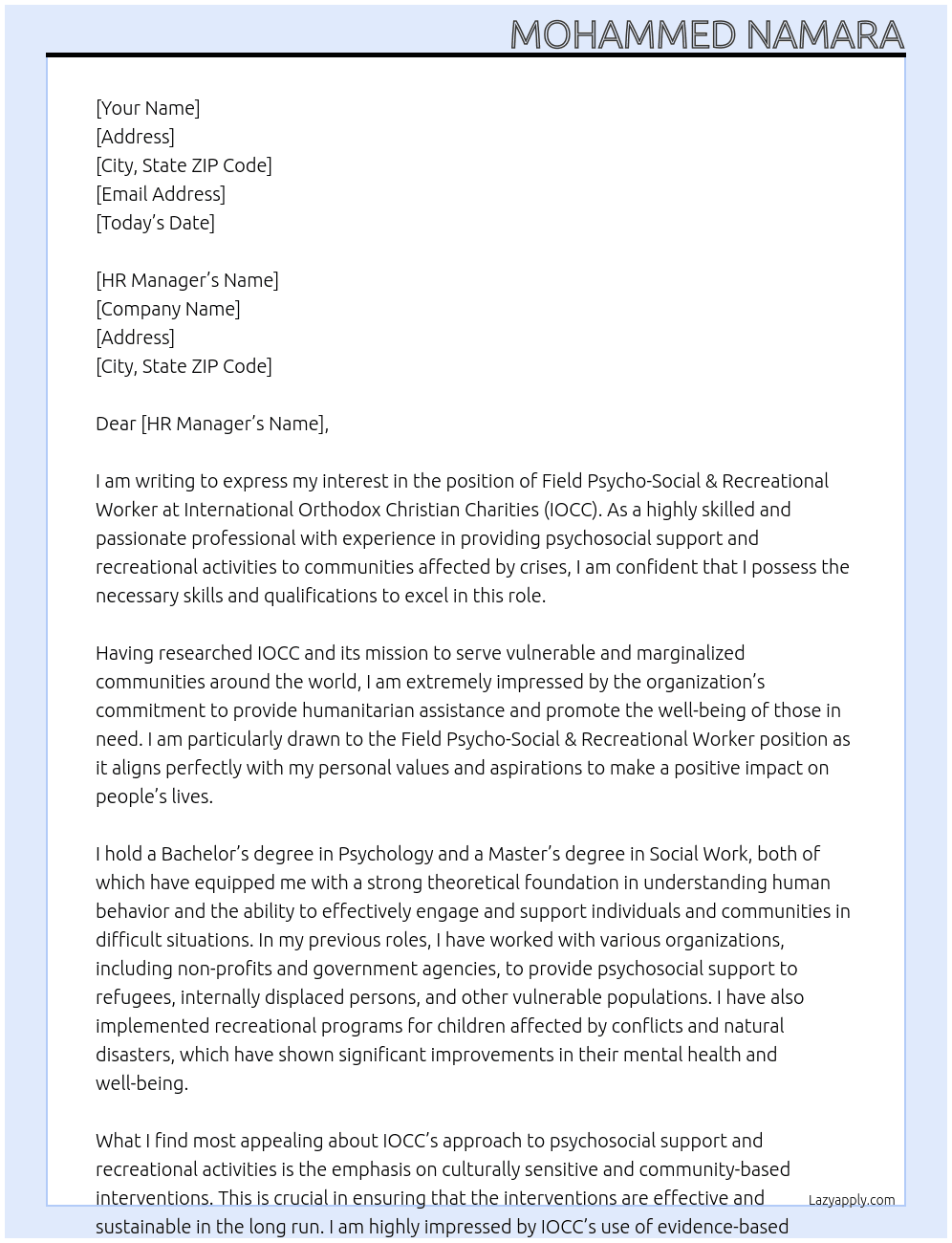 Field Psycho-Social & Recreational Workers At International Orthodox Christian Charities - IOCC  Cover Letter