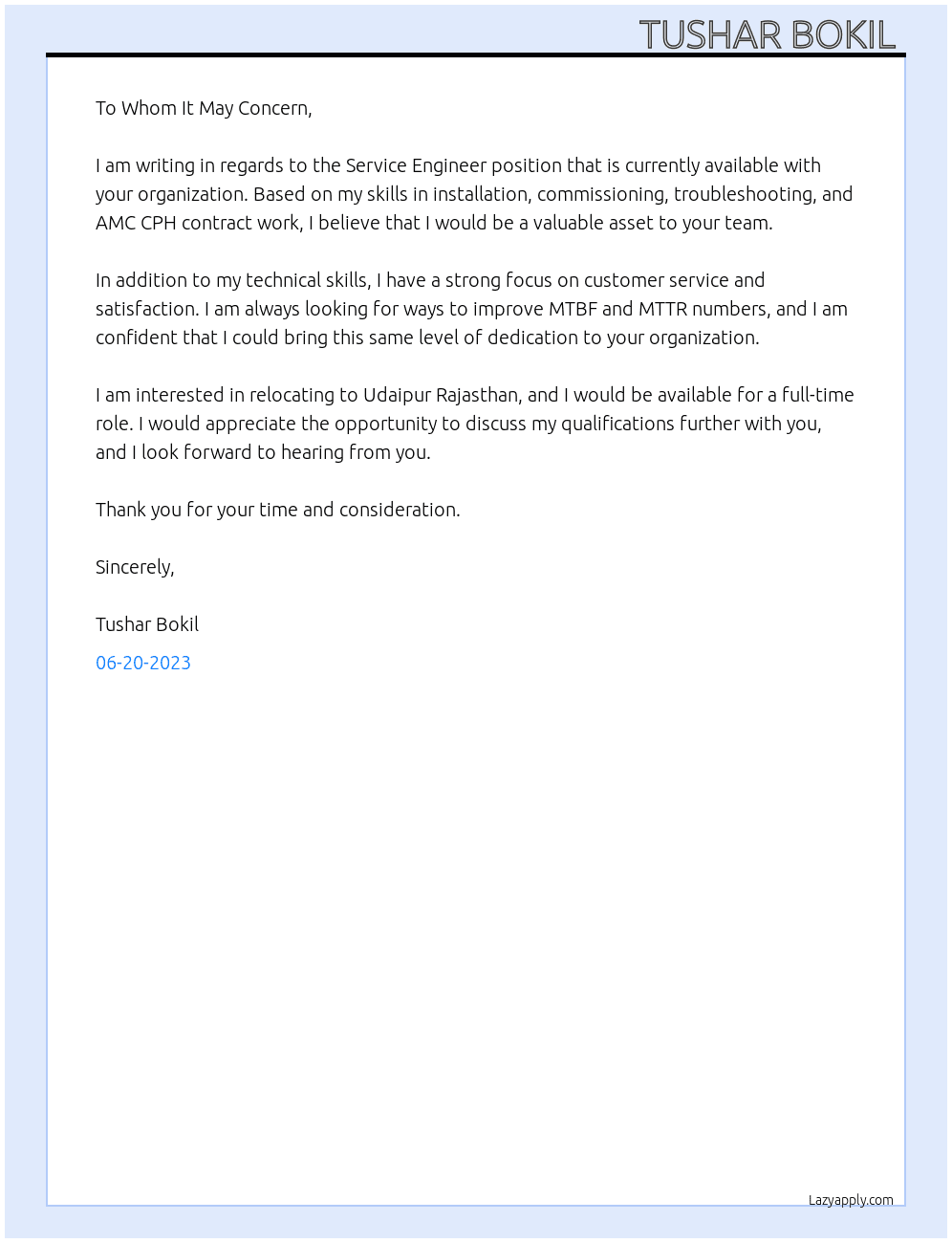 Service Engineer  At Organization  Cover Letter