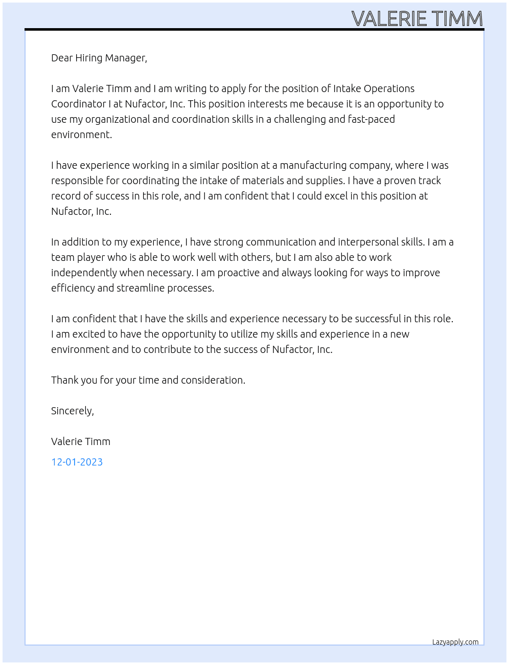 Intake Operations Coordinator I At Nufactor, Inc Cover Letter
