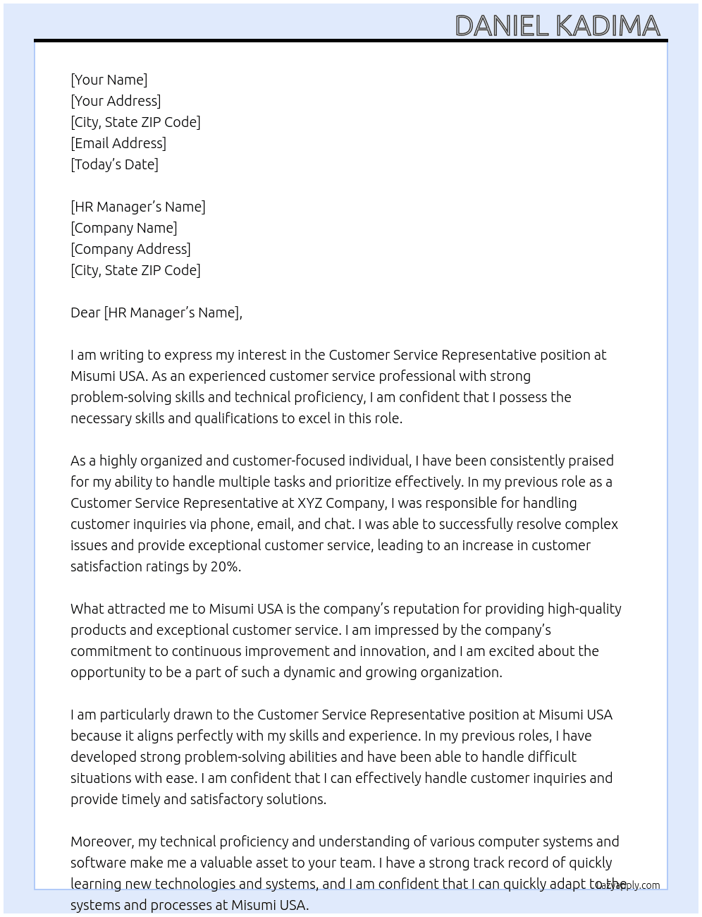 Customer Service Representative At Misumi USA Cover Letter