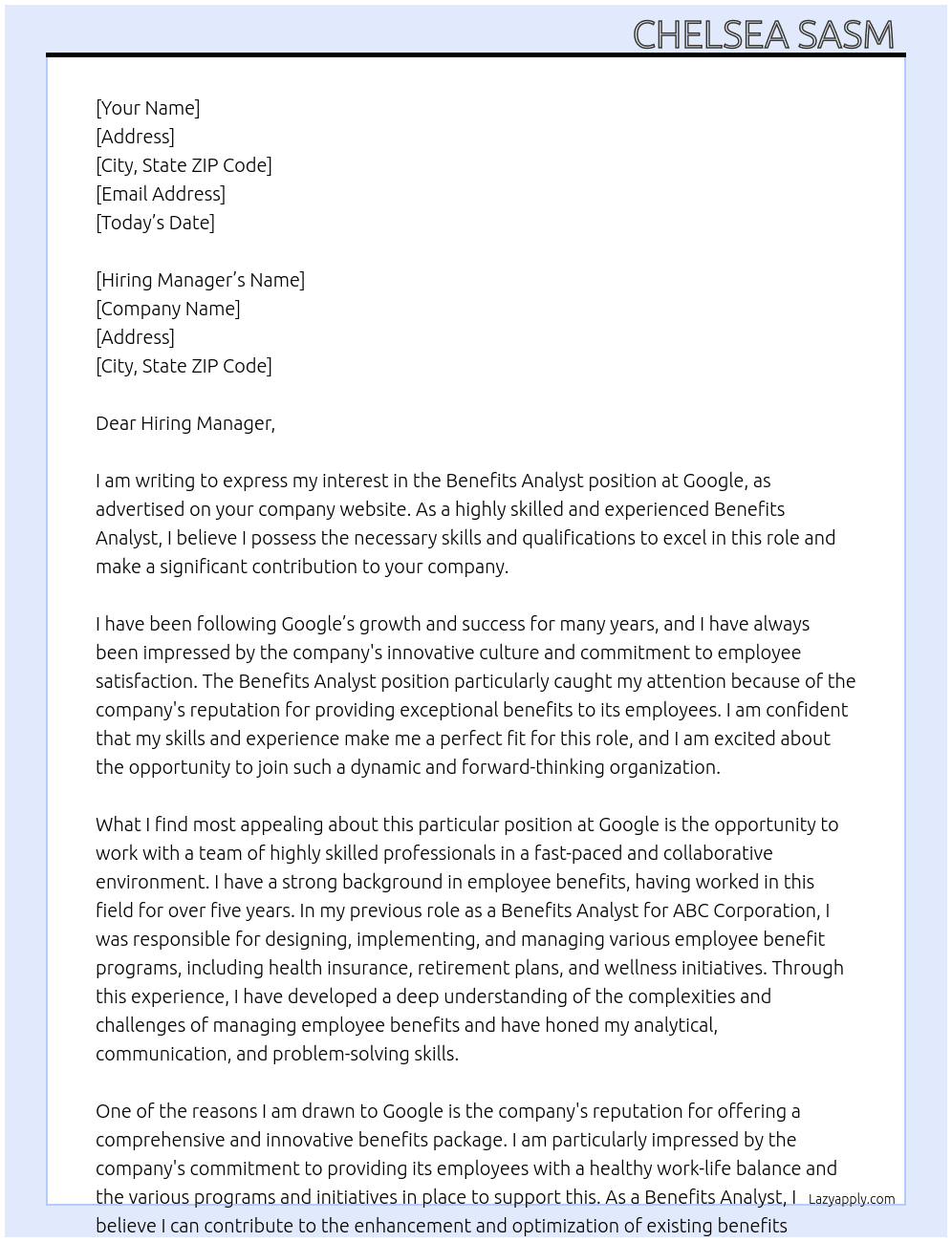 Benefits Analyst  At Google  Cover Letter