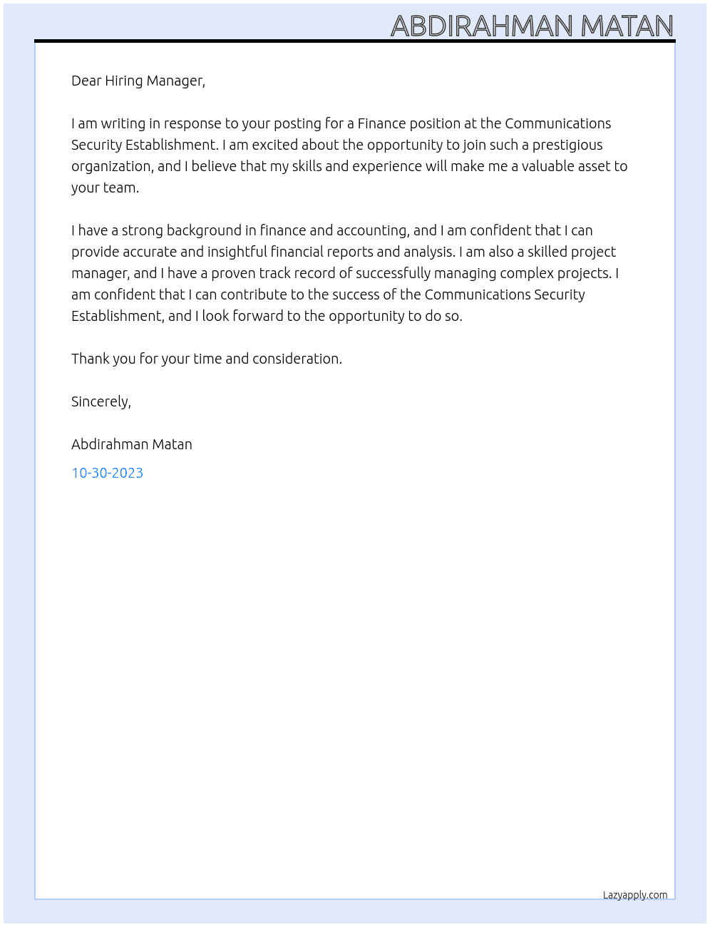 Finance  At Communications Security Establishment Cover Letter