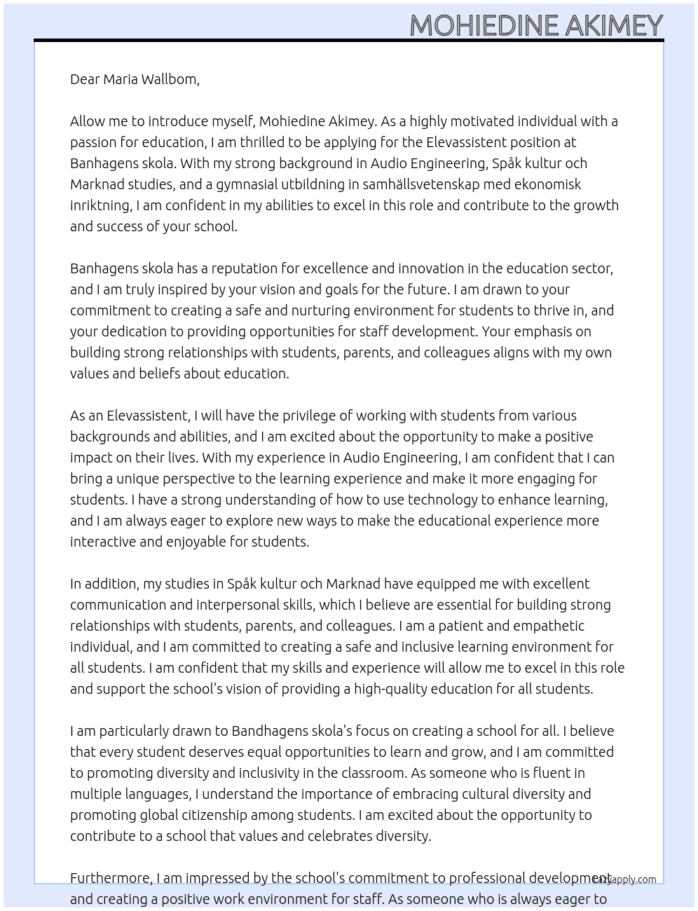 Elevassistent  At Banhagens skola Cover Letter