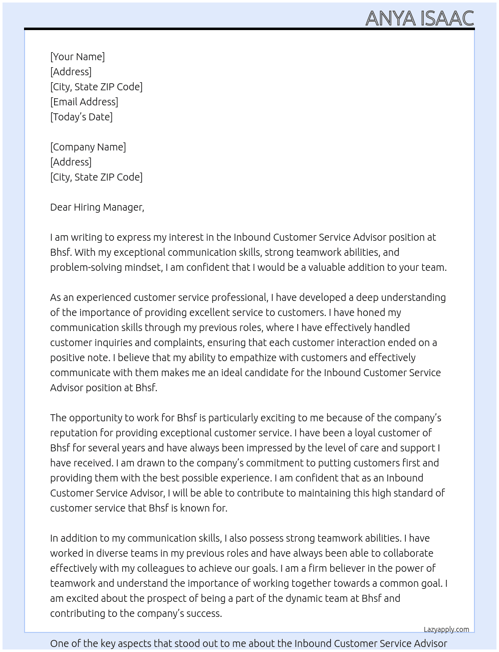 Inbound customer service advisor  At Bhsf  Cover Letter