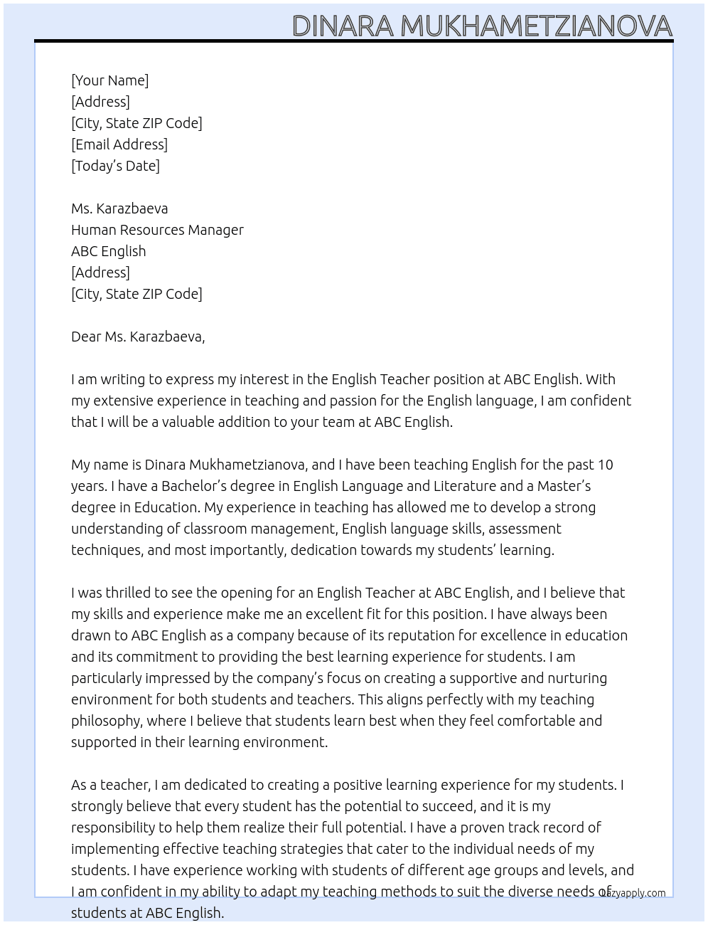 English Teacher At ABC ENglish Cover Letter