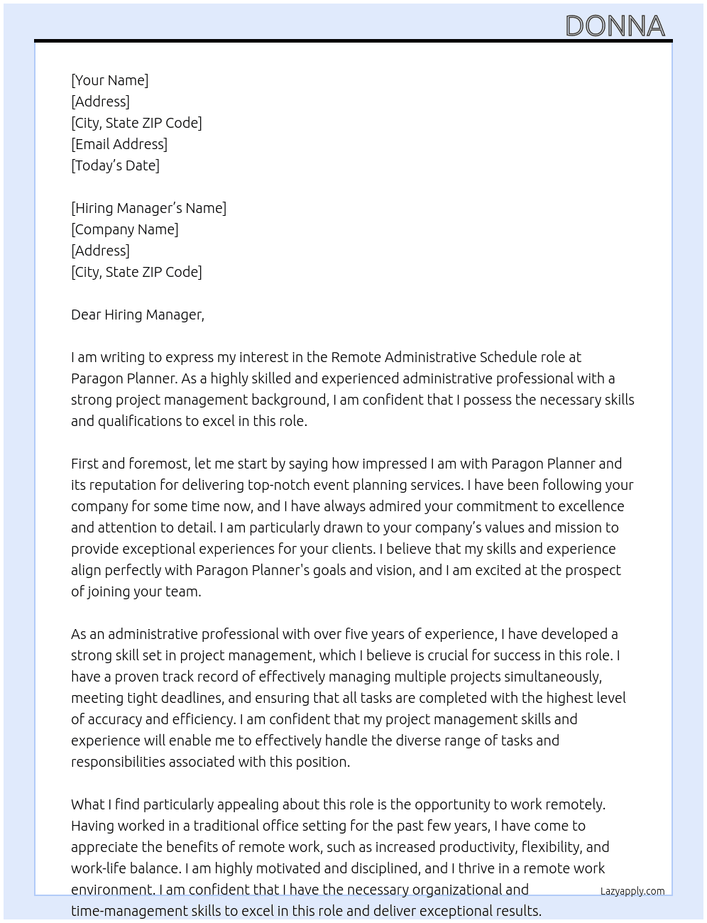 Remote Administrative Schedule At Paragon Planner Cover Letter