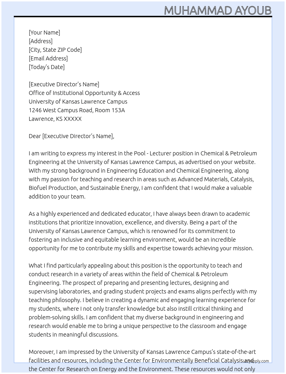 Pool - Lecturer - Chemical & Petroleum Engineering At University of Kansas Lawrence Campus Cover Letter