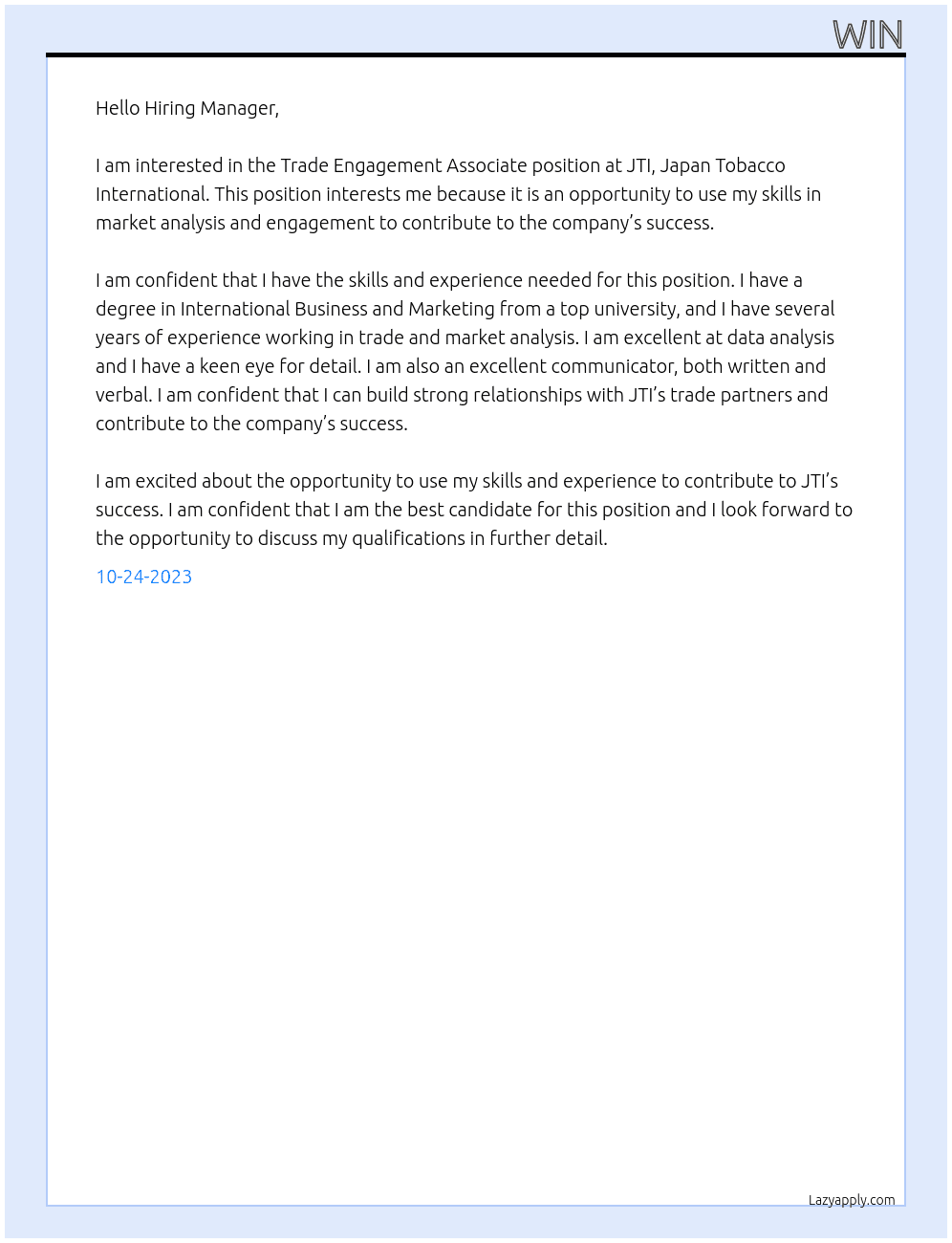 Trade Engagement Associate At JTI, Japan Tobacco International Cover Letter