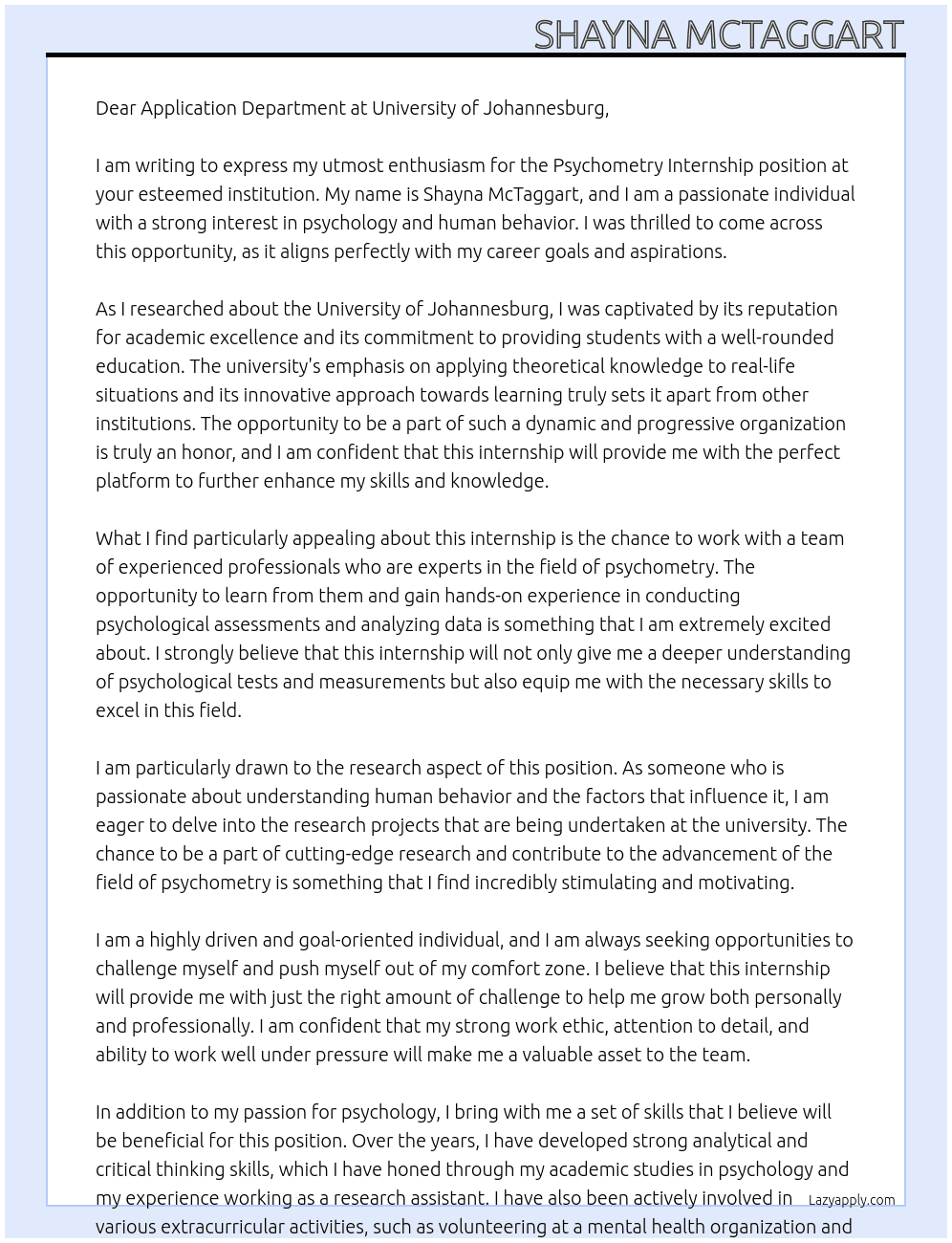 Psychometry Internship At University of Johannesburg Cover Letter