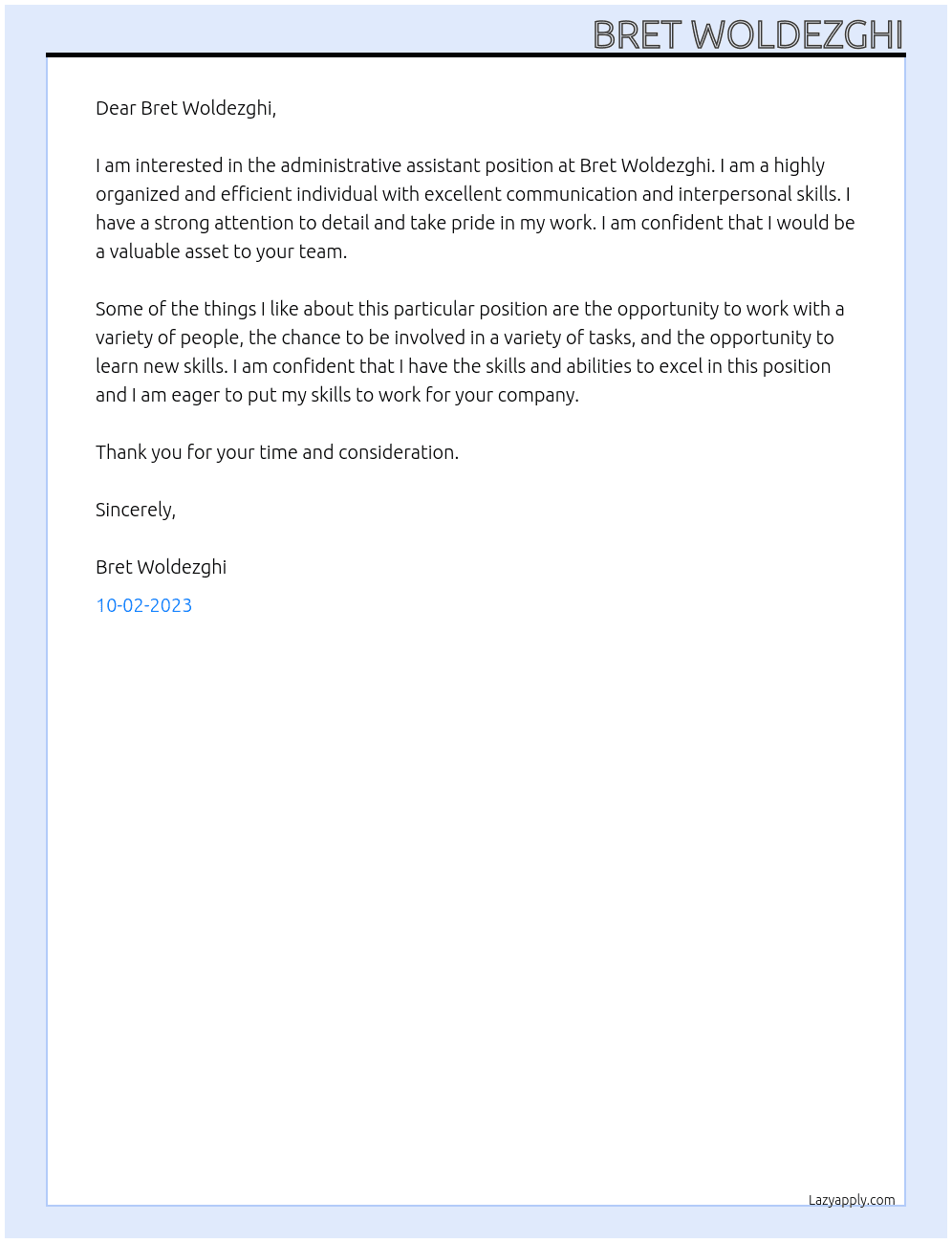 adminstrative assistant At Bret Woldezghi Cover Letter