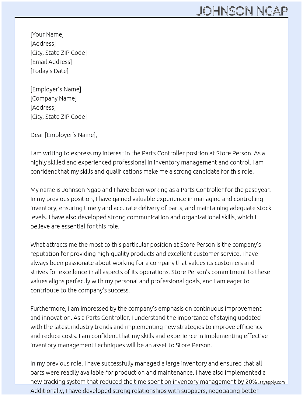 Parts Controller for 1year At Store person Cover Letter