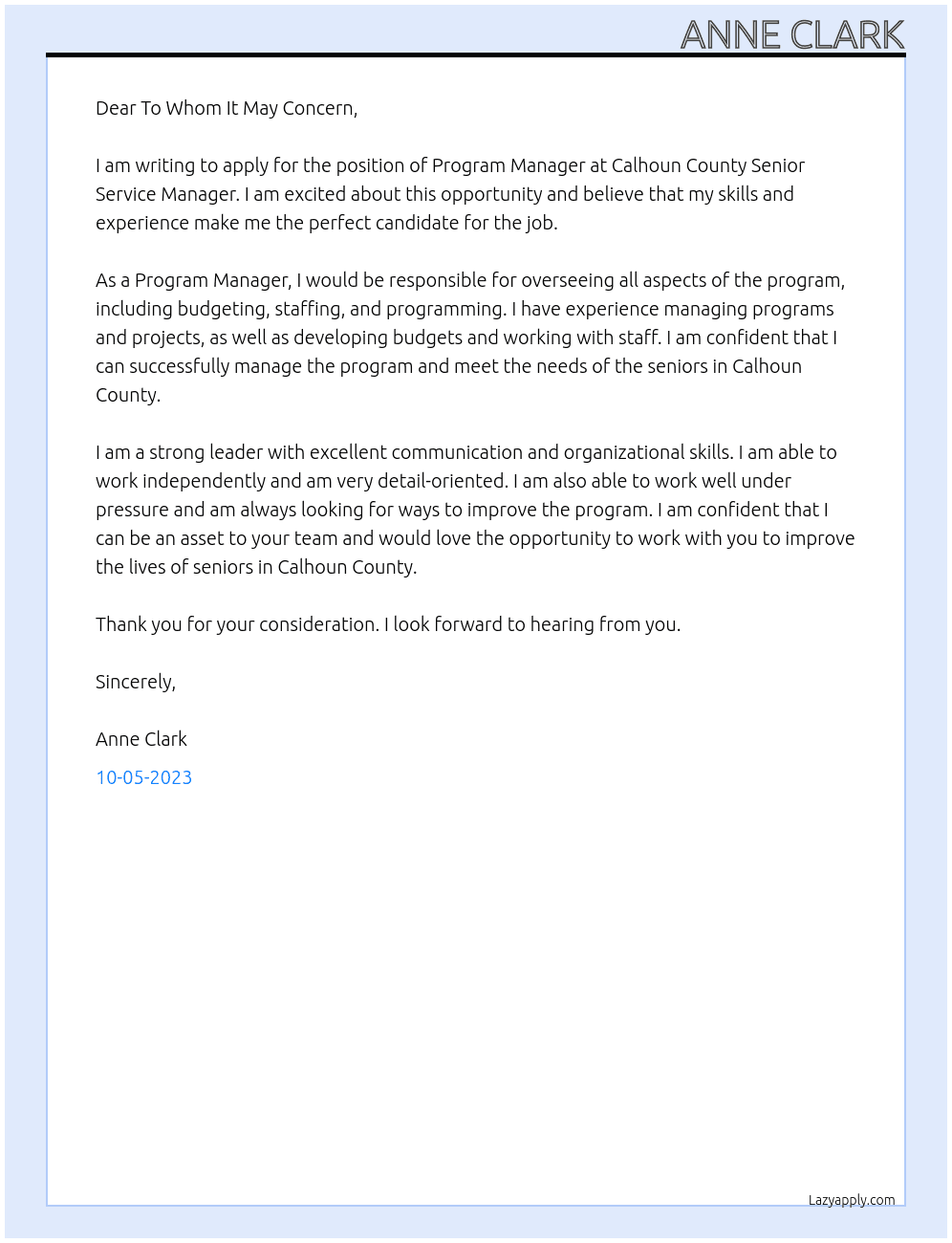 Program Manager At Calhoun County Senior Service Manager Cover Letter