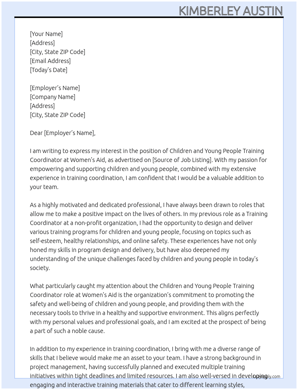  Children and Young People Training Coordinator At Womens Aid Cover Letter