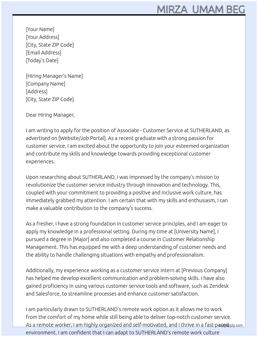 Associate - Customer Service  At SUTHERLAND Cover Letter