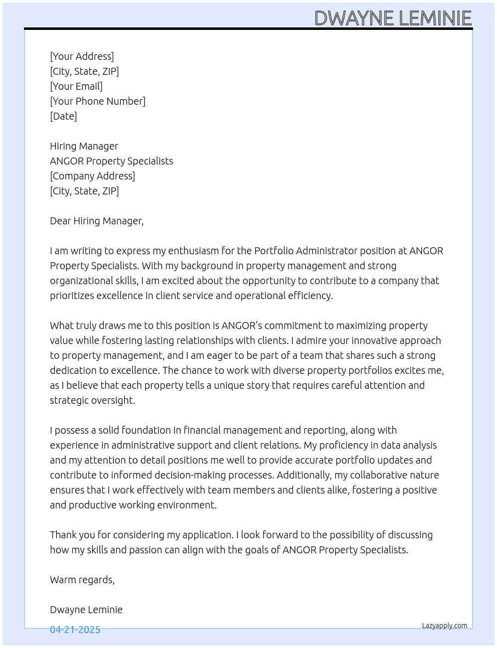 Position Available: Portfolio Administrator At ANGOR Property Specialists Cover Letter