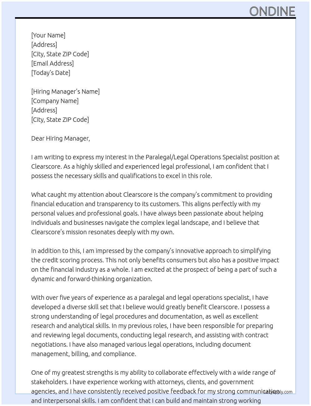 Paralegal/Legal Operations Specialist At Clearscore Cover Letter