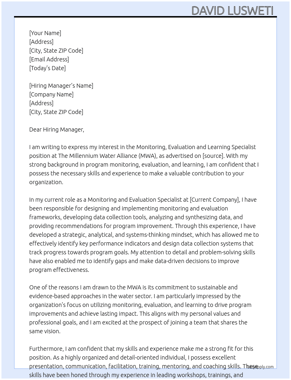 Monitoring, Evaluation and Learning Specialist At The Millennium Water Alliance (MWA) Cover Letter