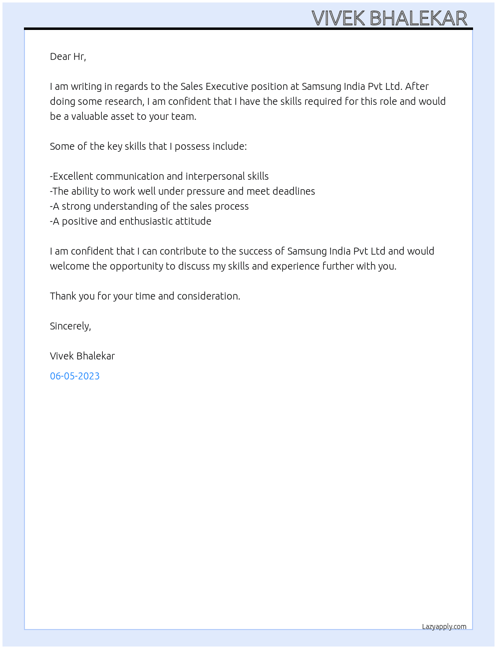 Sales axecutive  At Samsung India pvt ltd  Cover Letter