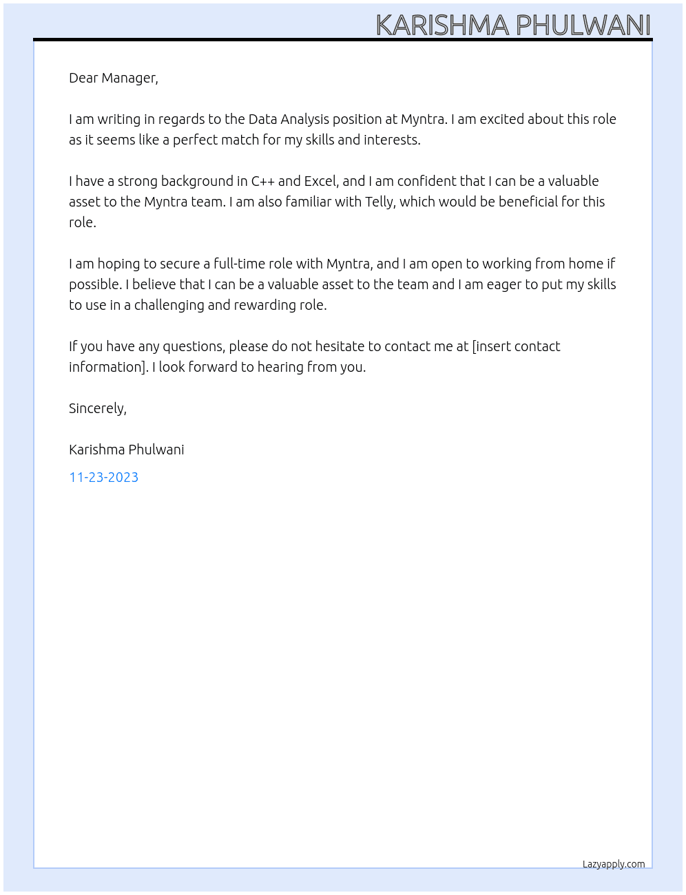 Data analysis  At Myntra Cover Letter