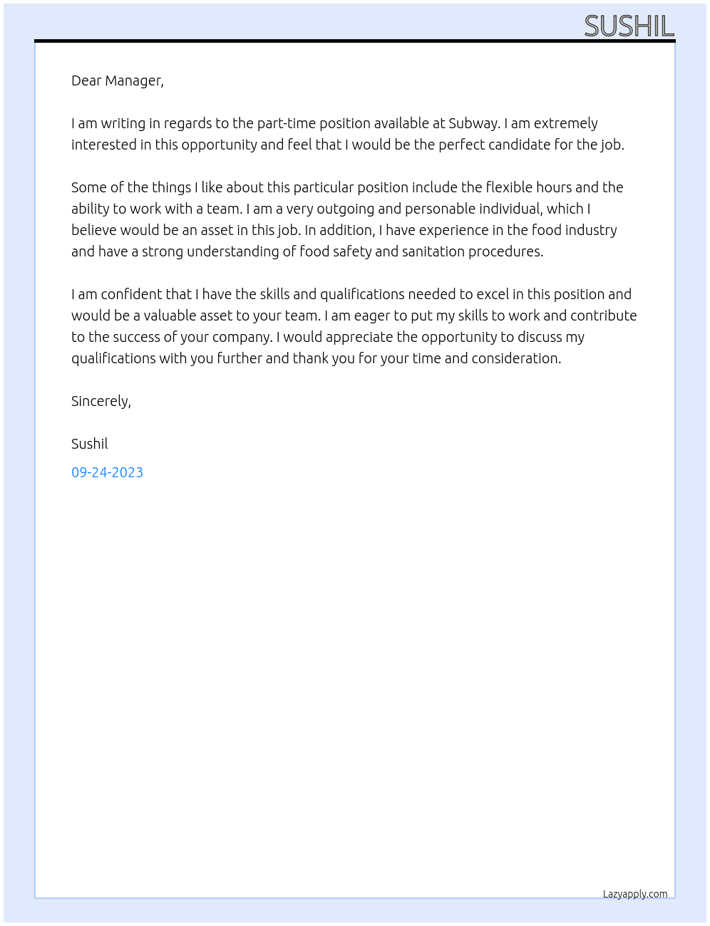 part time At subway Cover Letter