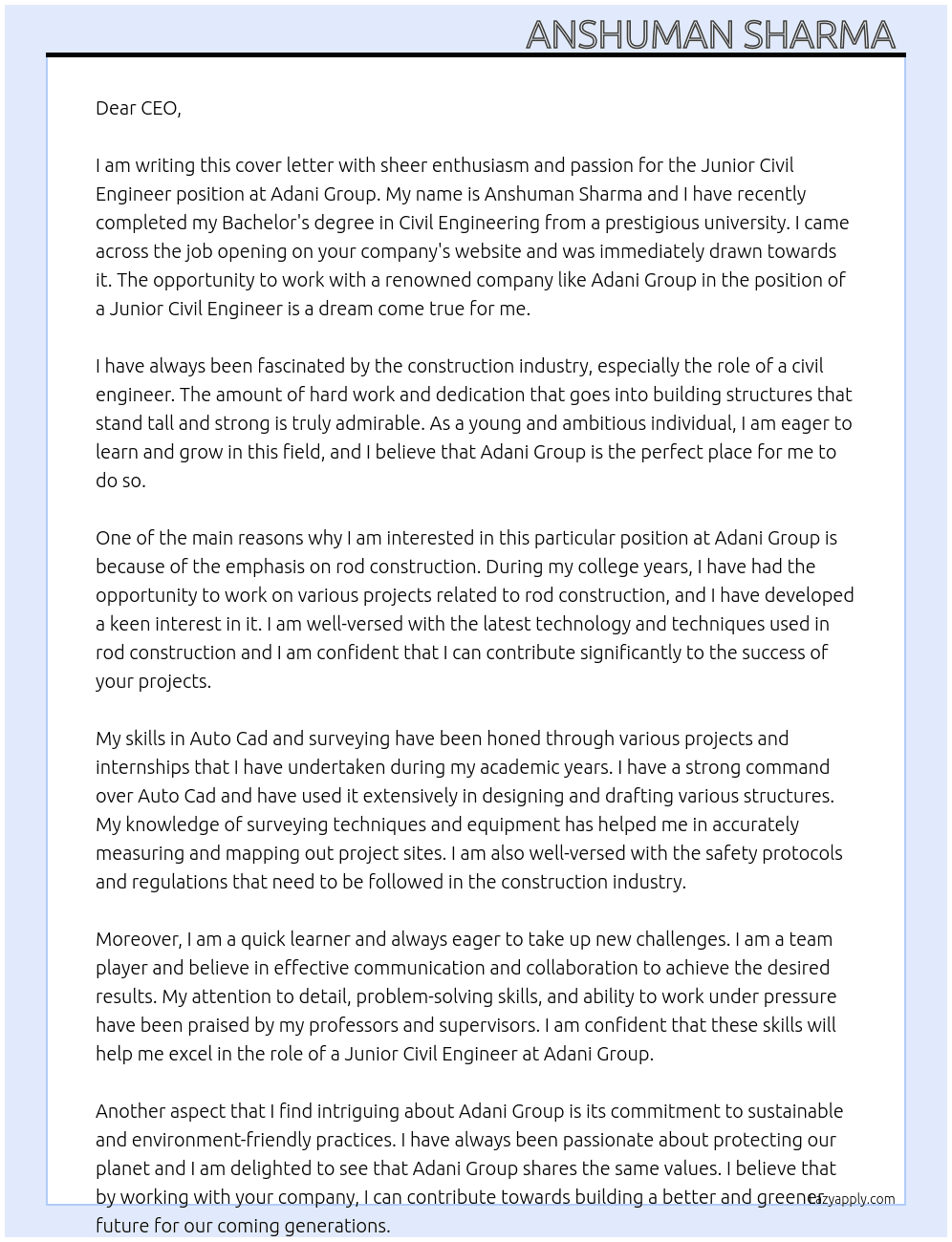 Junior civil engineer At Adani group  Cover Letter