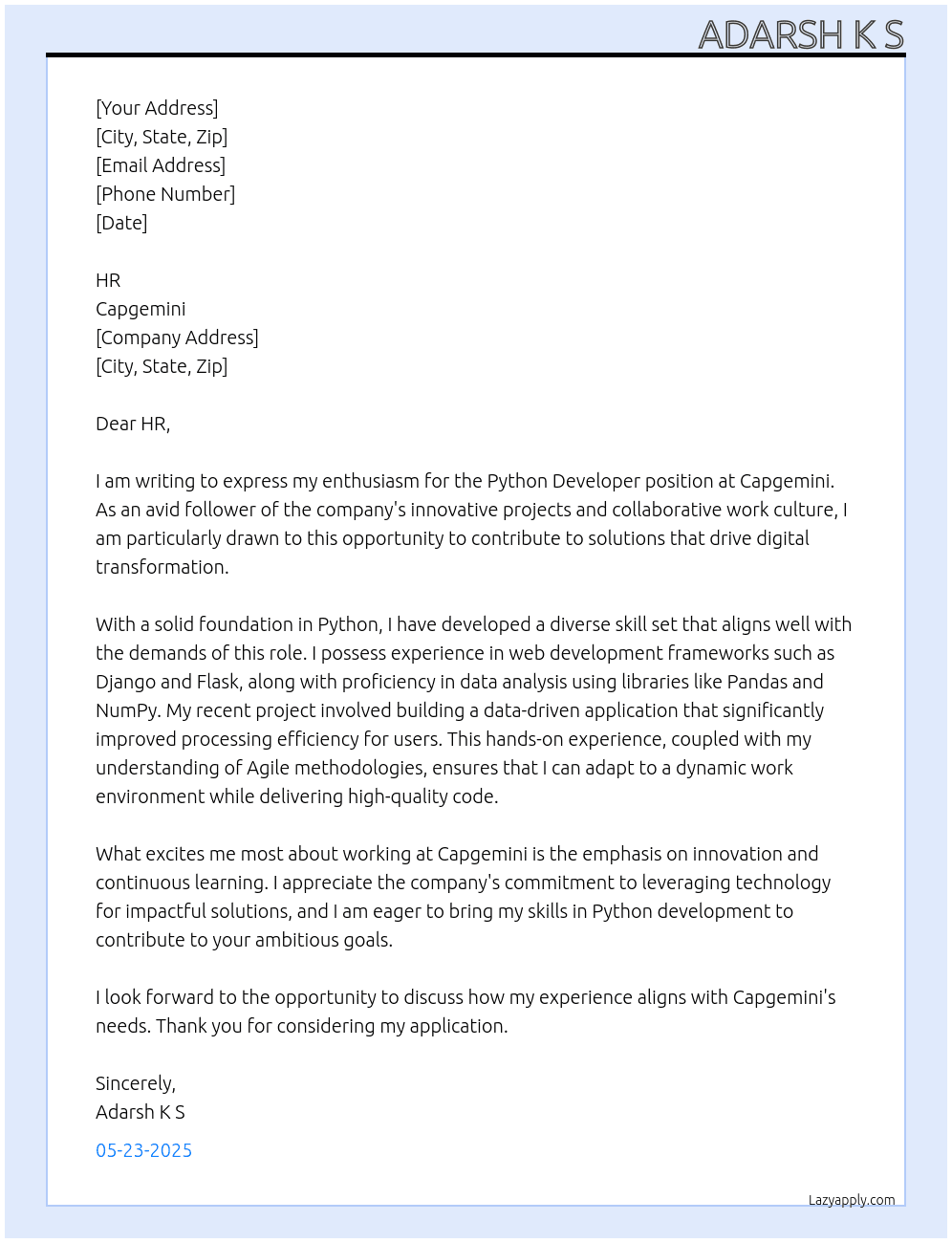 PYTHON DEVELOPER At CAPEGEMINI Cover Letter
