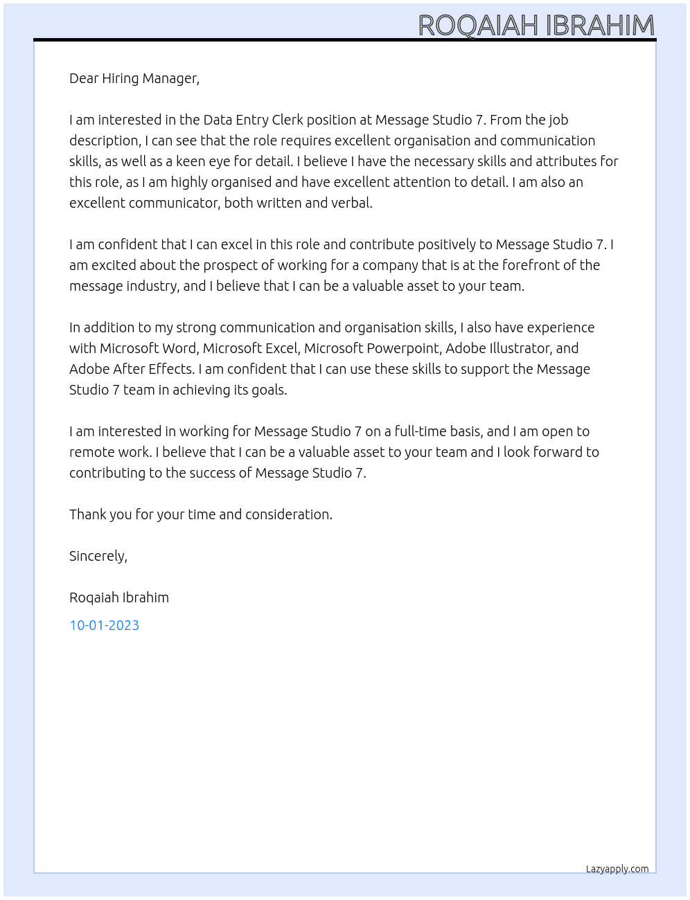 Data Entry Clerk  At Message Studio 7 Cover Letter