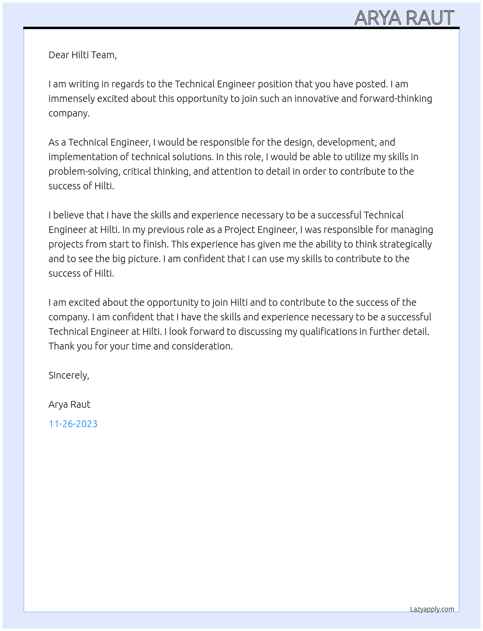 Technical Engineer  At Hilti Cover Letter
