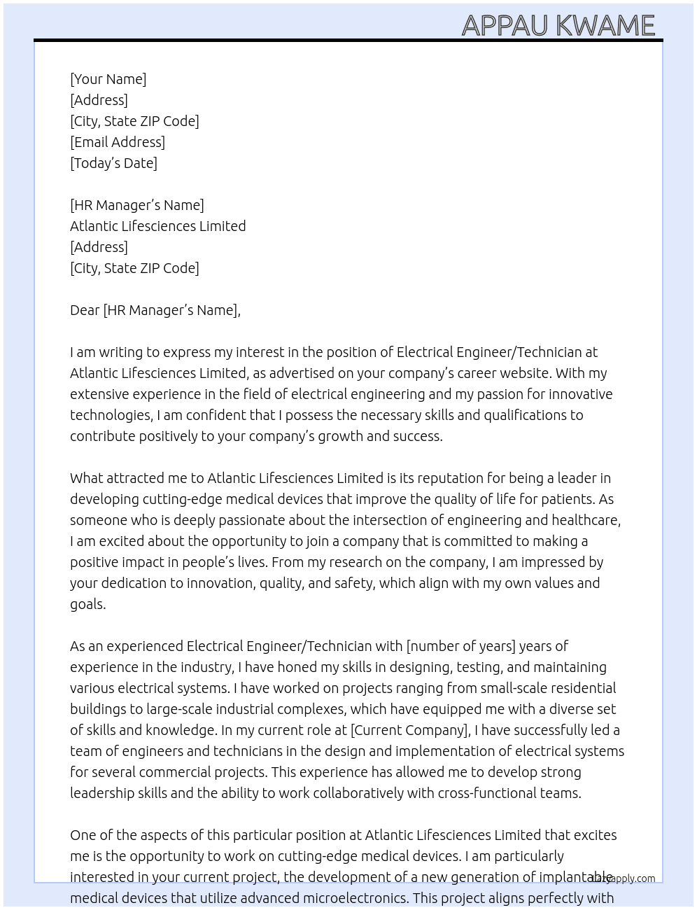 Electrical Engineer/Technican At Atlantic Lifesciences Limited Cover Letter