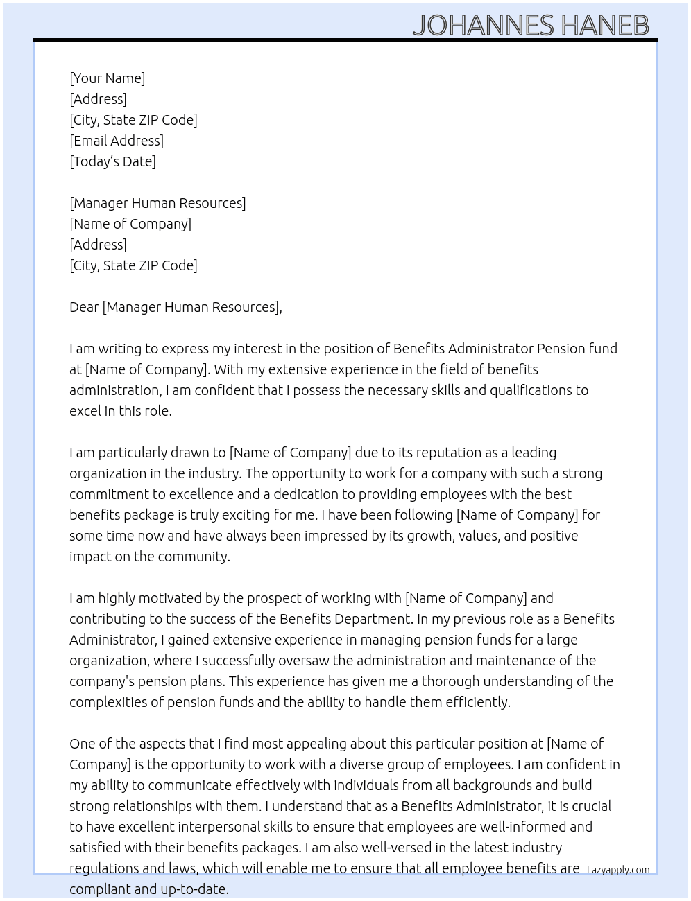 Benefits Administrator Pension fund  At GOPF Cover Letter
