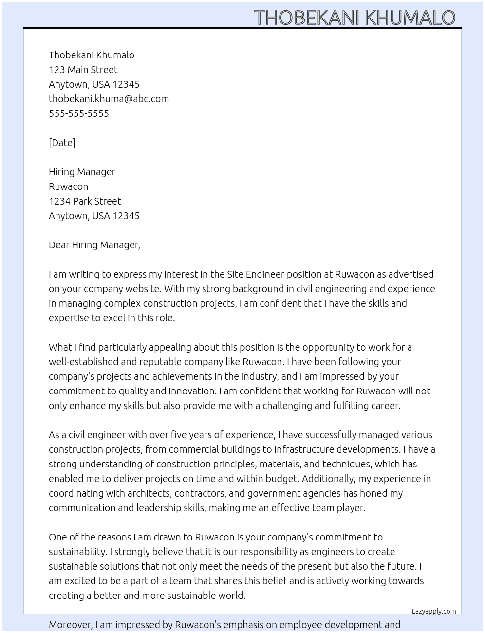 Site Engineer  At Ruwacon Cover Letter