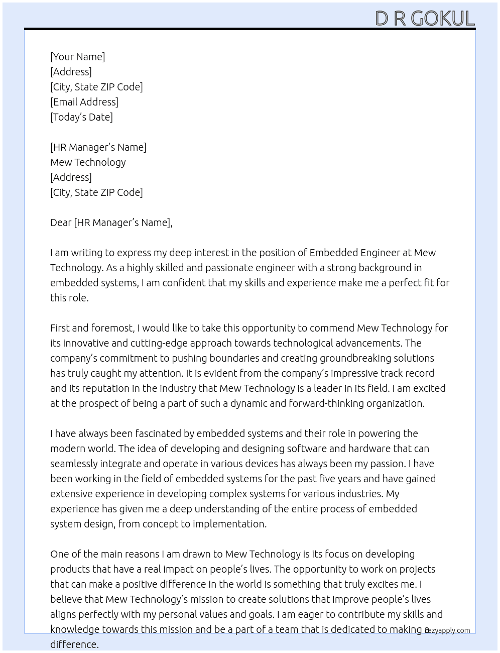 embedded engineer At Mew Technology Cover Letter