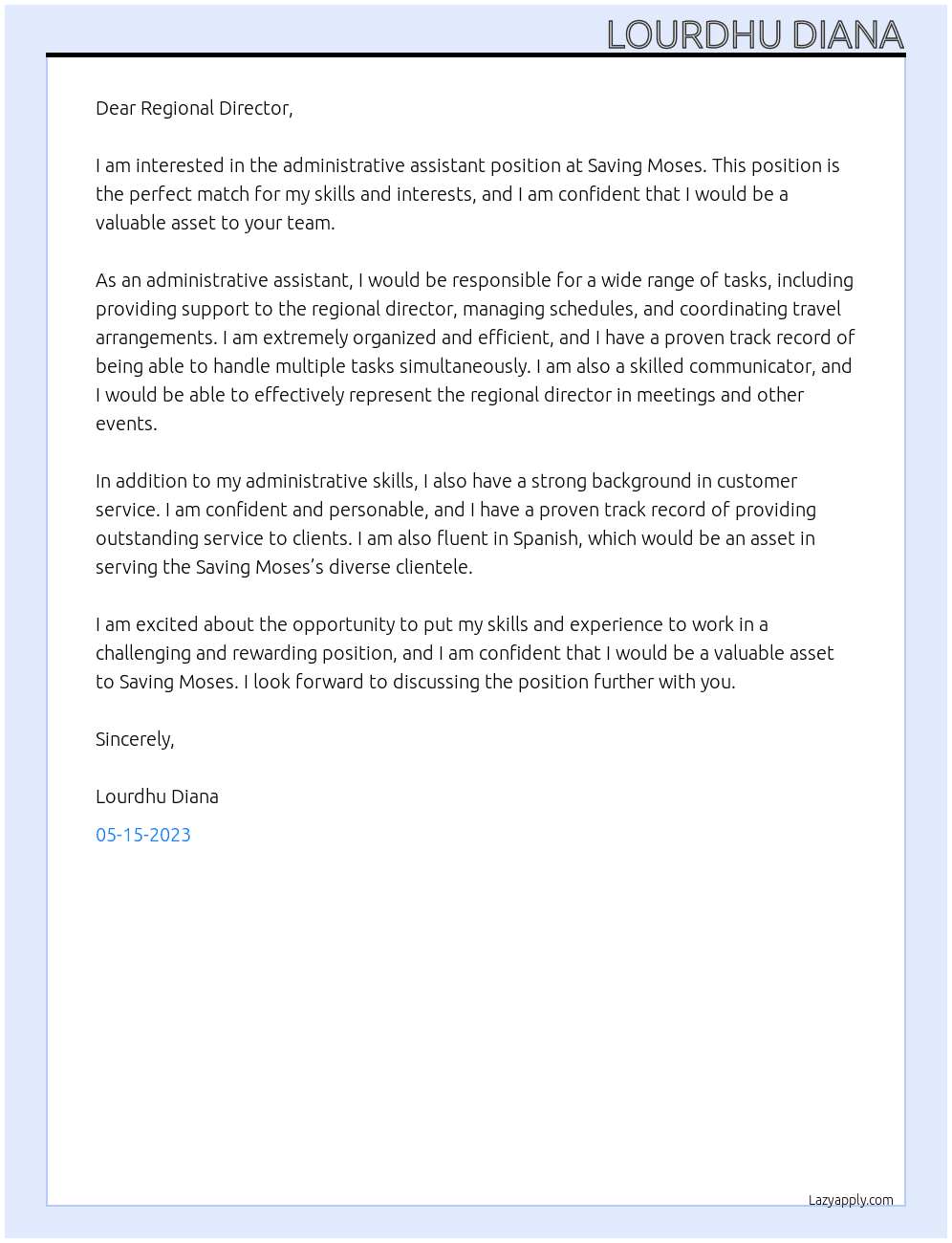 Administrative assistant At Saving moses Cover Letter