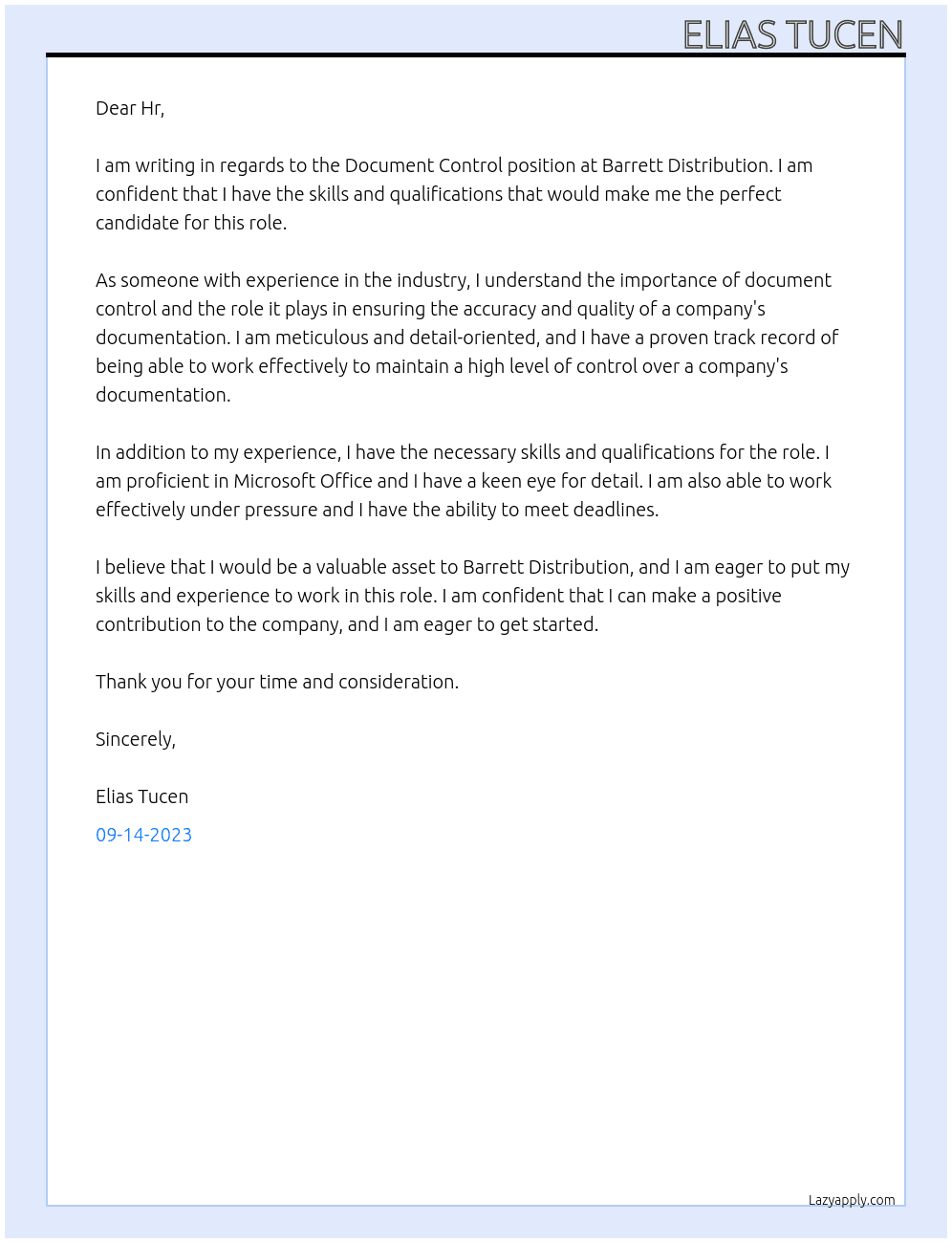 Document Control At Barrett Distribution Cover Letter