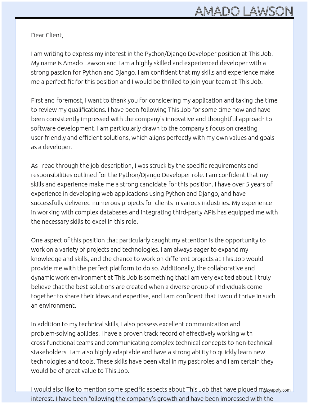 Python/Django Developer At this job Cover Letter