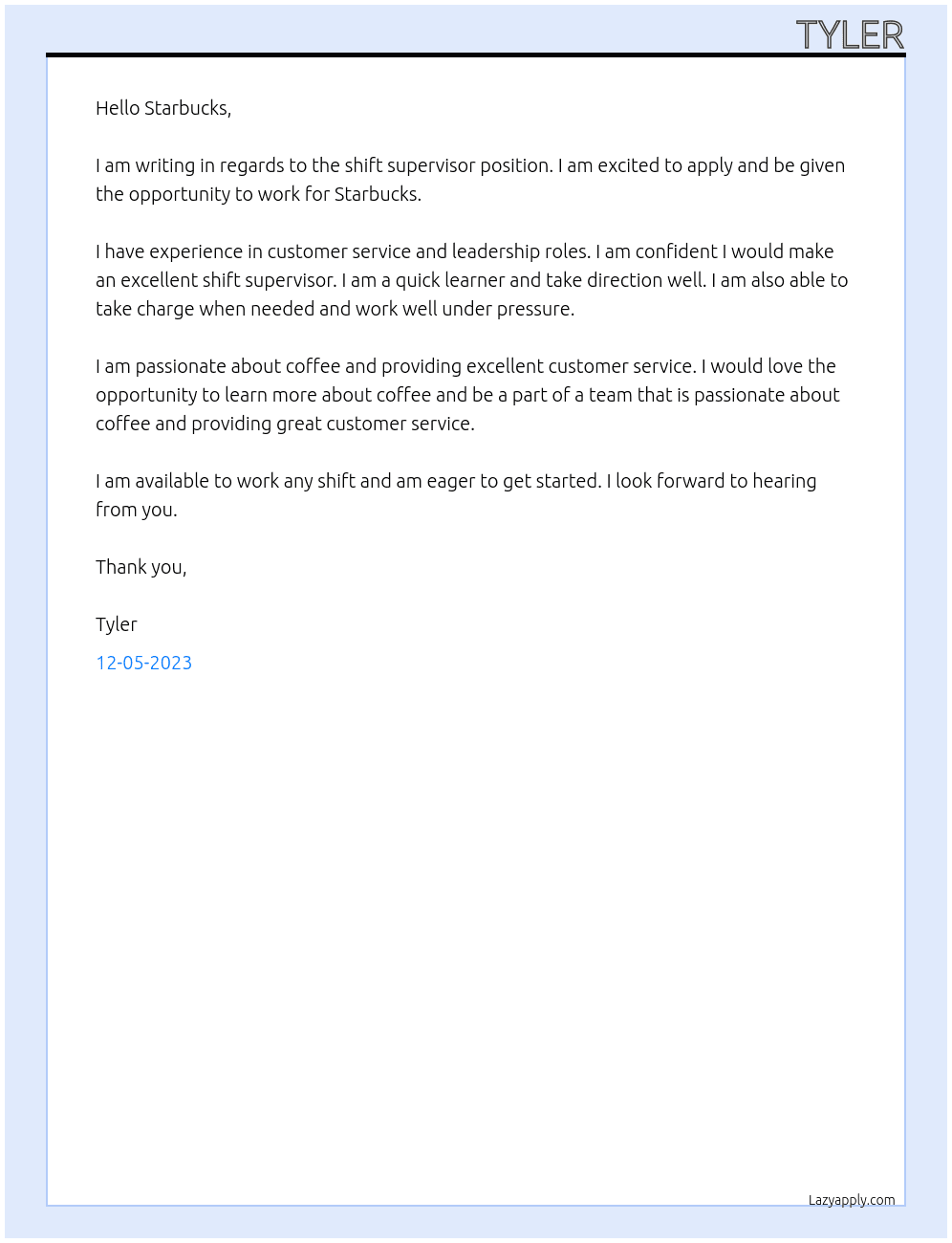 Shift Supervisor At Starbucks Cover Letter