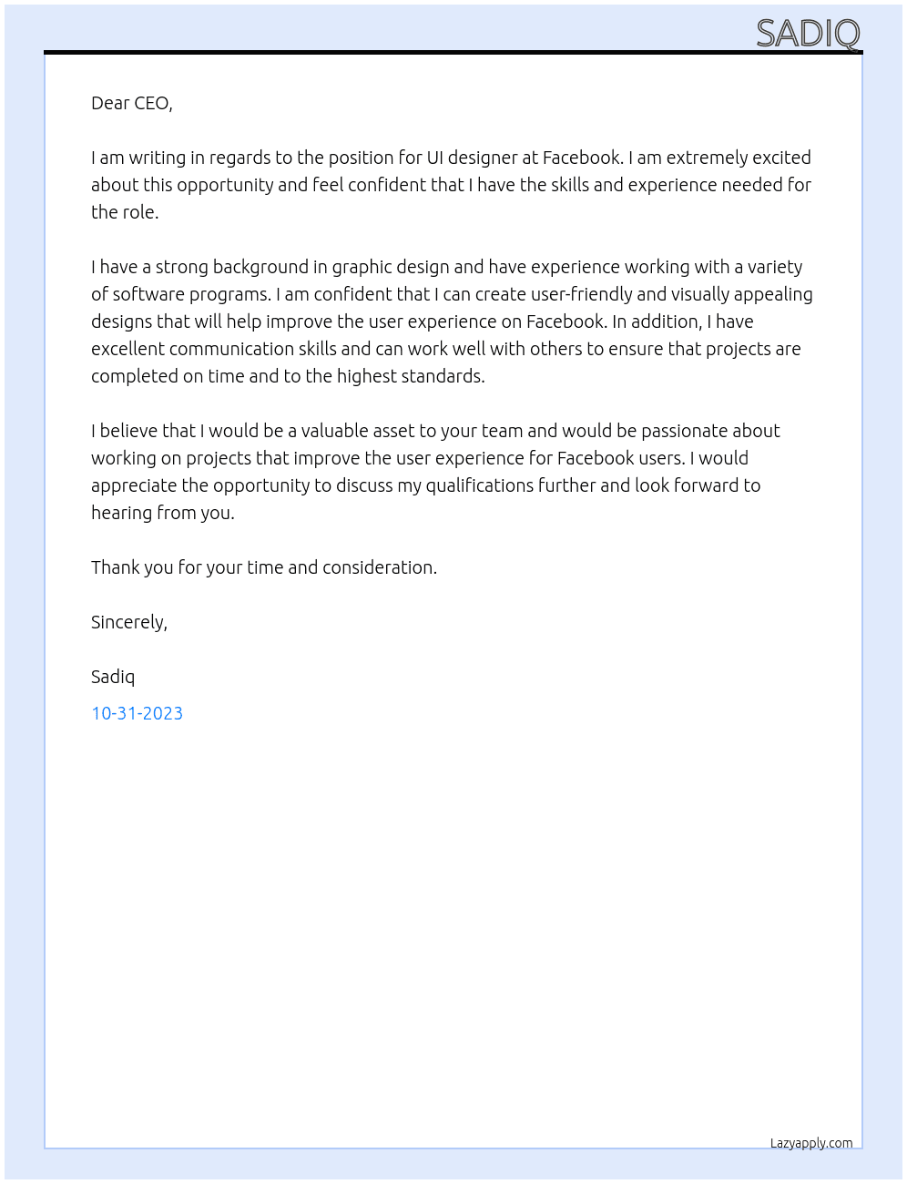UI designer At facebook Cover Letter