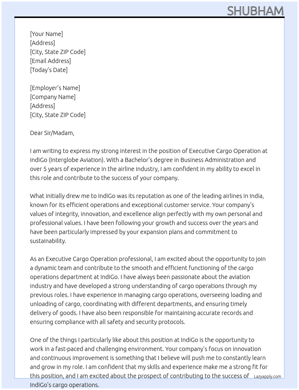 Executive cargo operation At Indiogo (interglobe aviation) Cover Letter