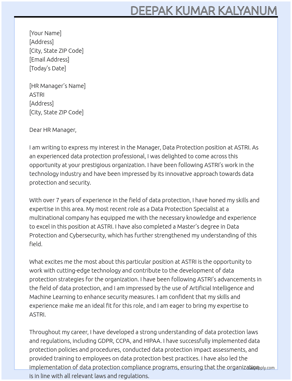 Manager, Data Protection At ASTRI Cover Letter