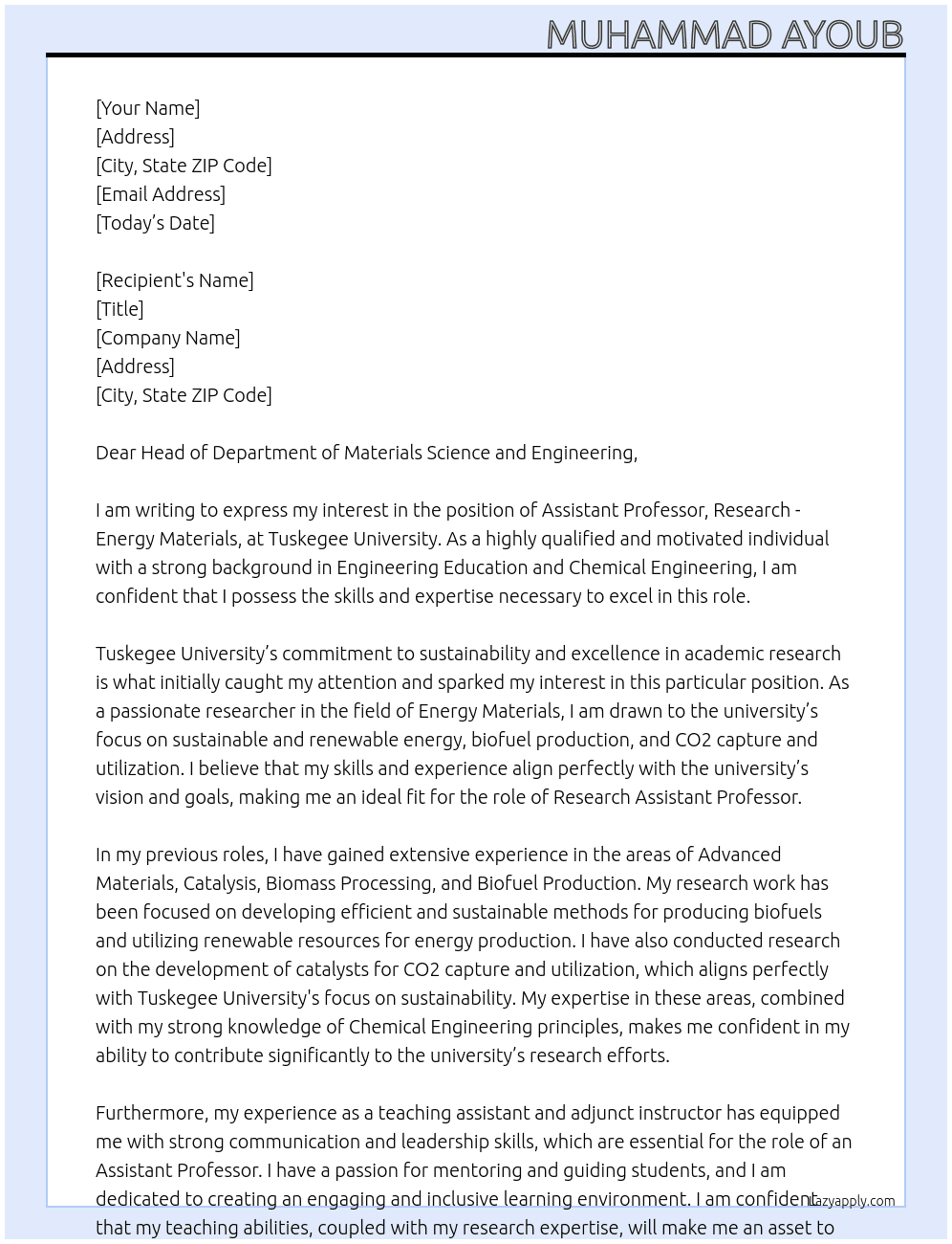 Assistant Professor, Research - Energy Materials At Tuskegee University  USA Cover Letter